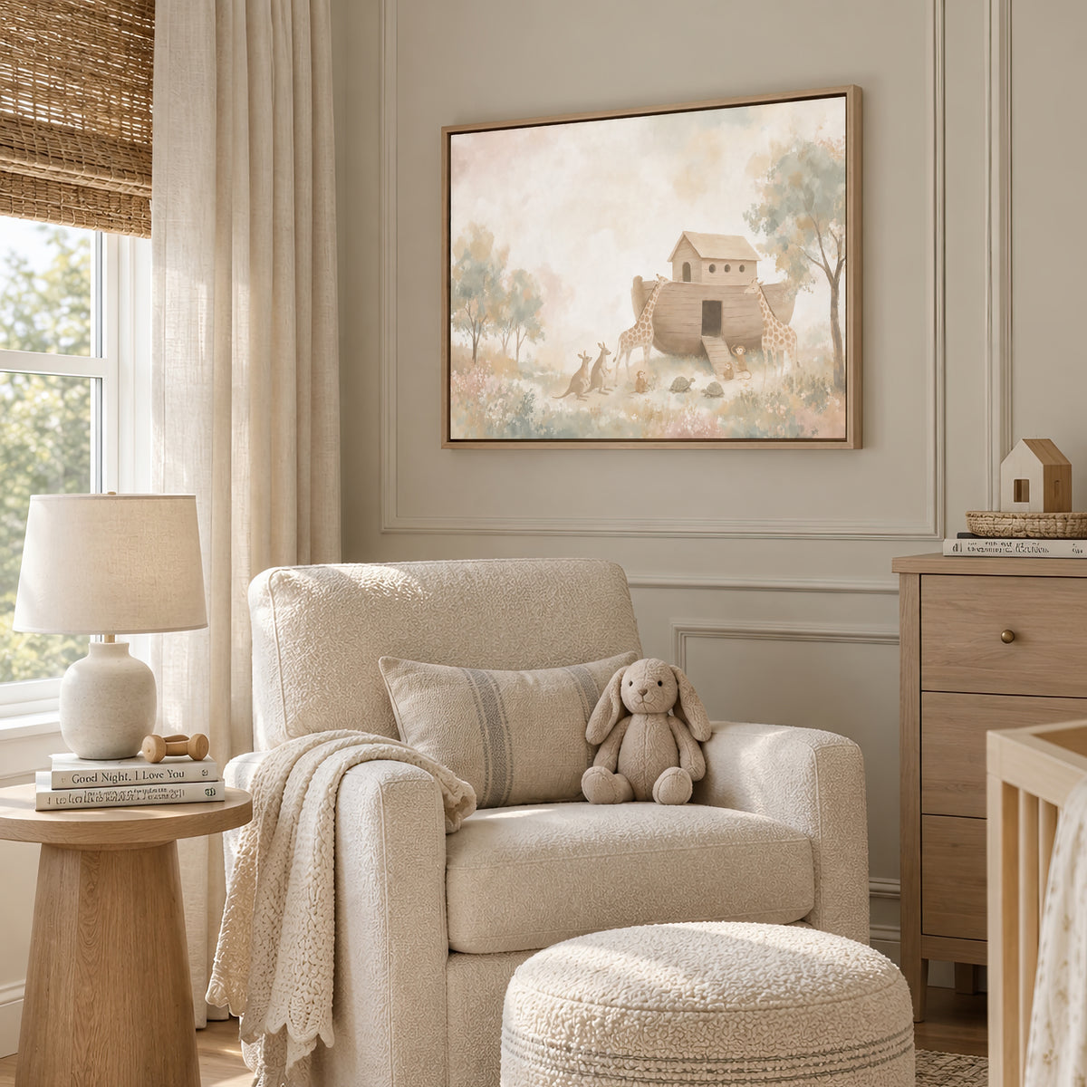 The Ark And The Giraffes wall art in a soft neutral nursery