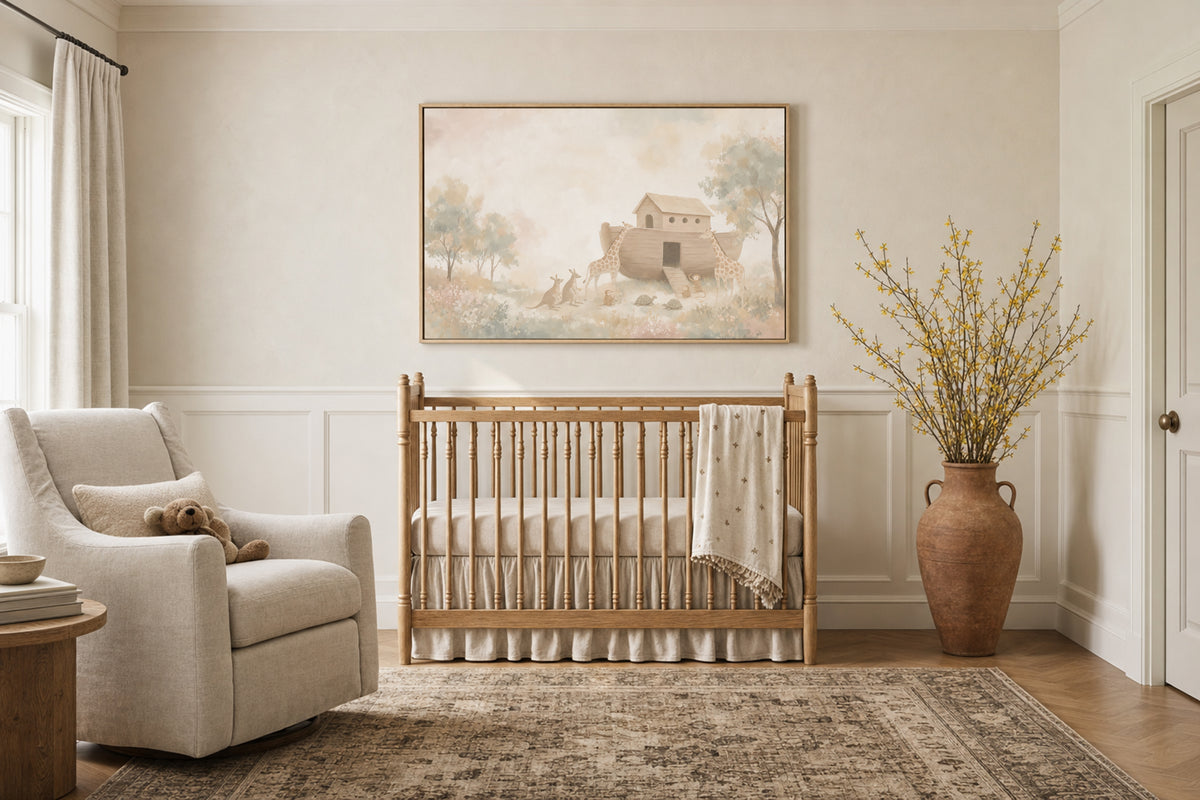 The Ark And The Giraffes wall art in a cozy nursery above the crib
