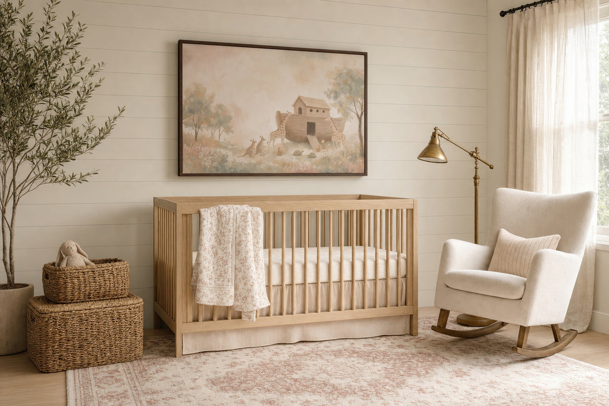 The Ark And The Giraffes wall art in a sunlit nursery with a rocker