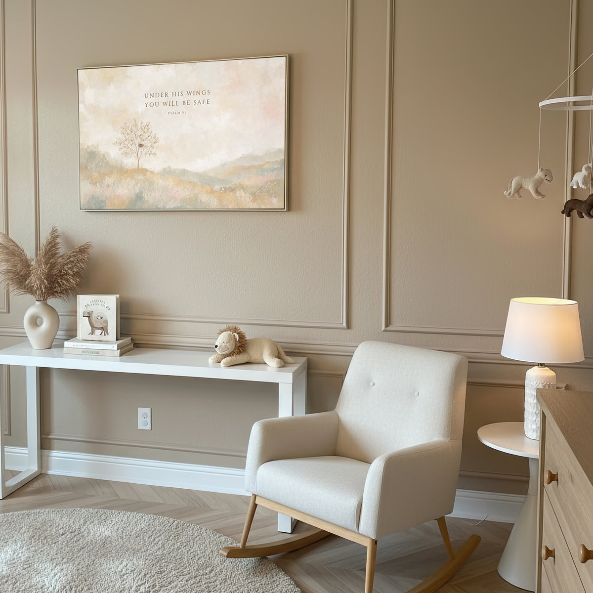 Under His Wings You Will Be Safe (Landscape) wall art in a taupe nursery with a rocking chair