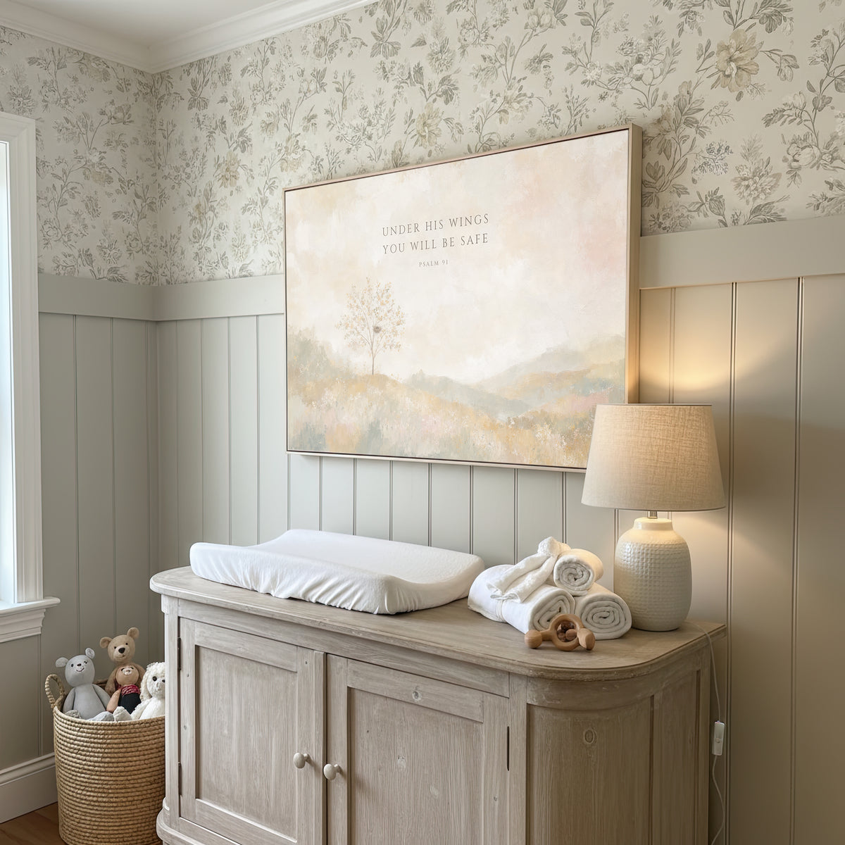 Under His Wings You Will Be Safe (Landscape) wall art in a floral wallpaper nursery