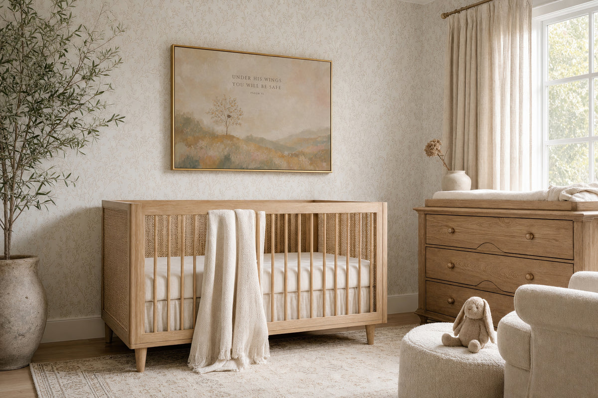 Under His Wings You Will Be Safe (Landscape) wall art in a soft girl's nursery