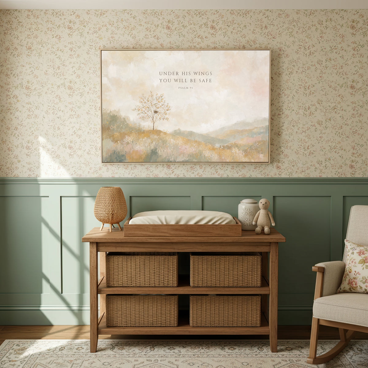 Under His Wings You Will Be Safe (Landscape) wall art in a sage and floral nursery