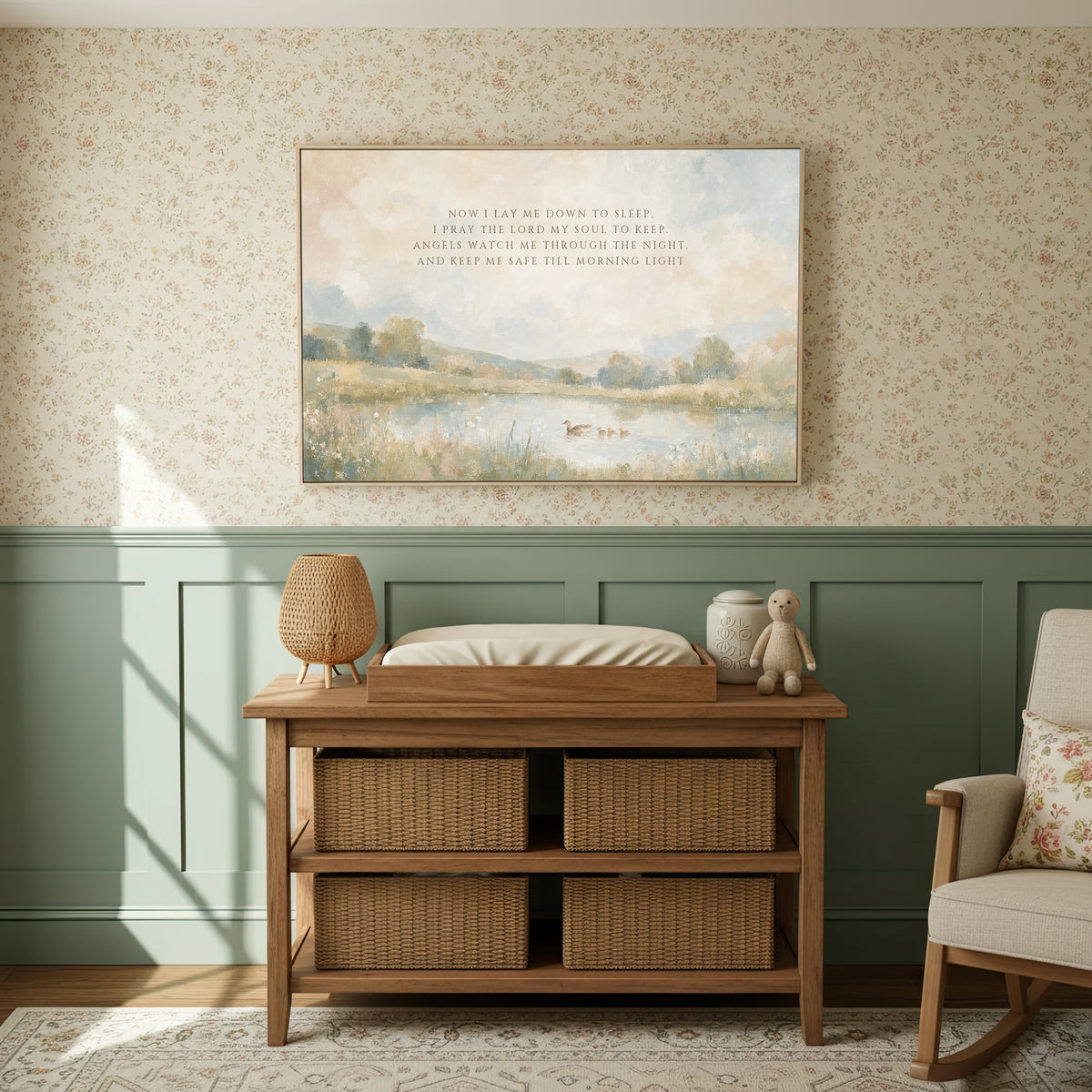 Now I Lay Me Down to Sleep wall art in a sage and floral nursery