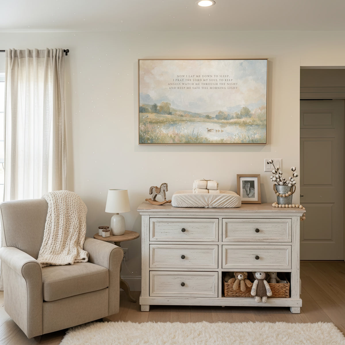 Now I Lay Me Down to Sleep wall art in a bright white nursery
