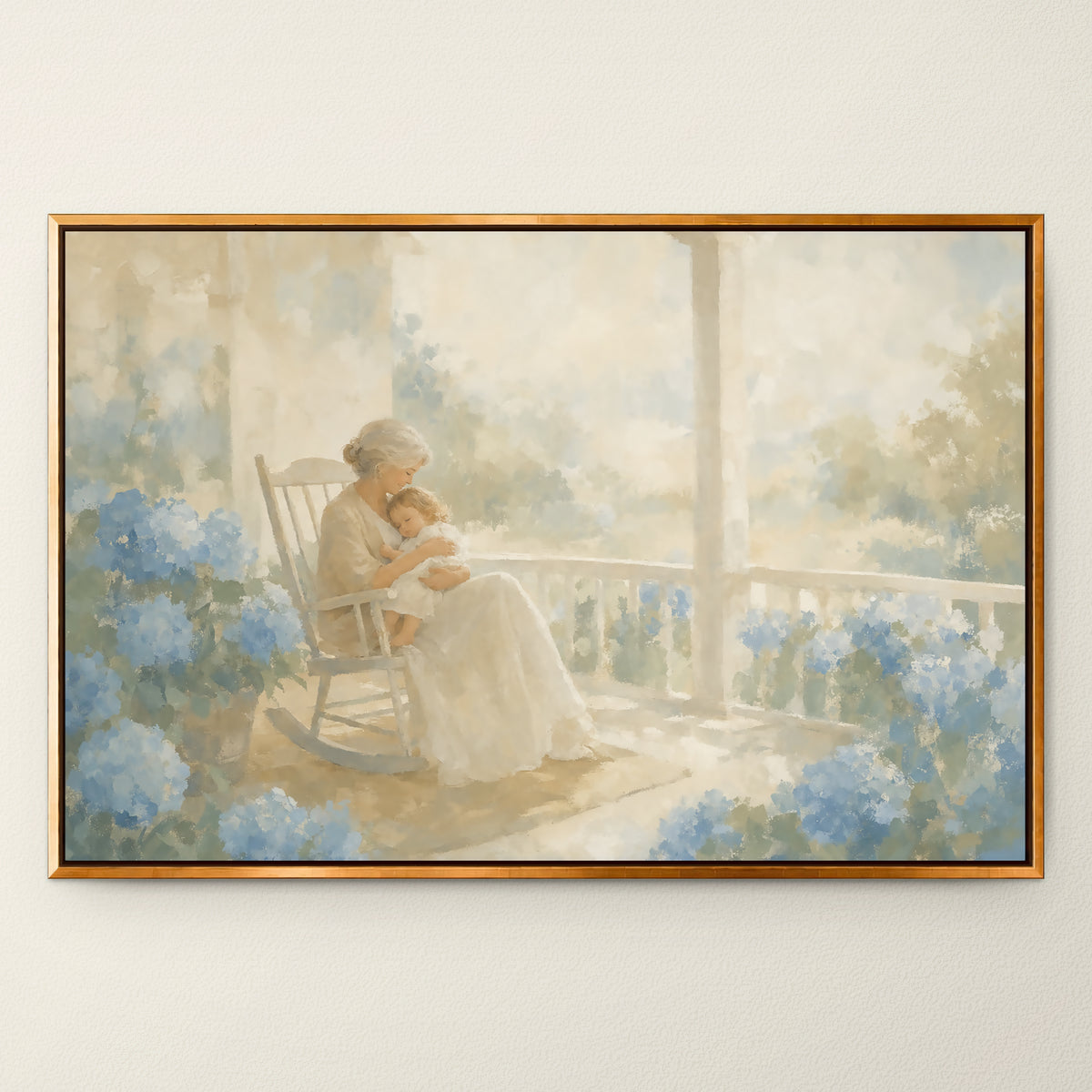 Porch Rocker and Hydrangeas wall art in a Gold floating frame