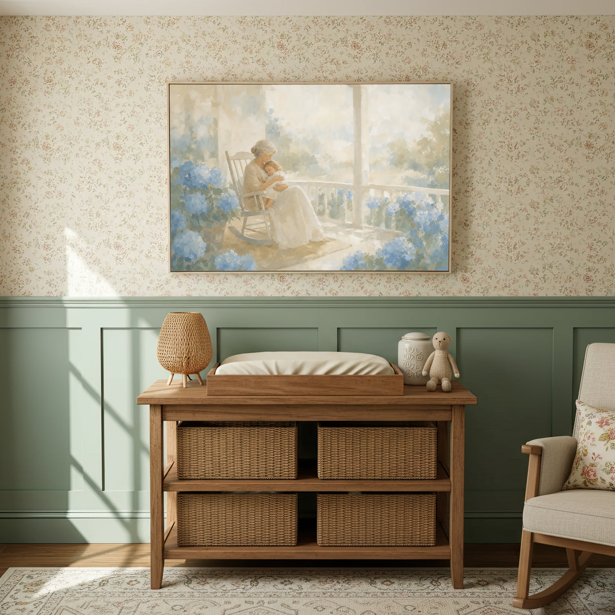 Porch Rocker and Hydrangeas wall art in a sage and floral nursery
