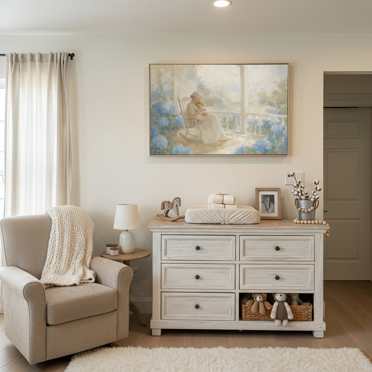 Porch Rocker and Hydrangeas wall art in a bright white nursery
