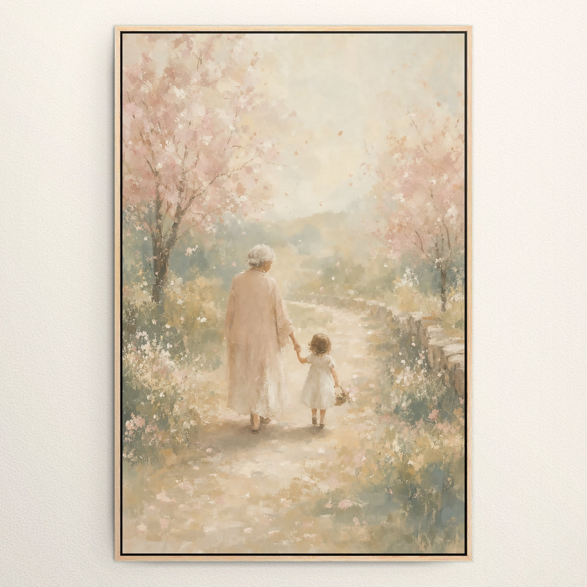 Blossom Lane with Grandma in a Natural Oak floating frame on a pale wall