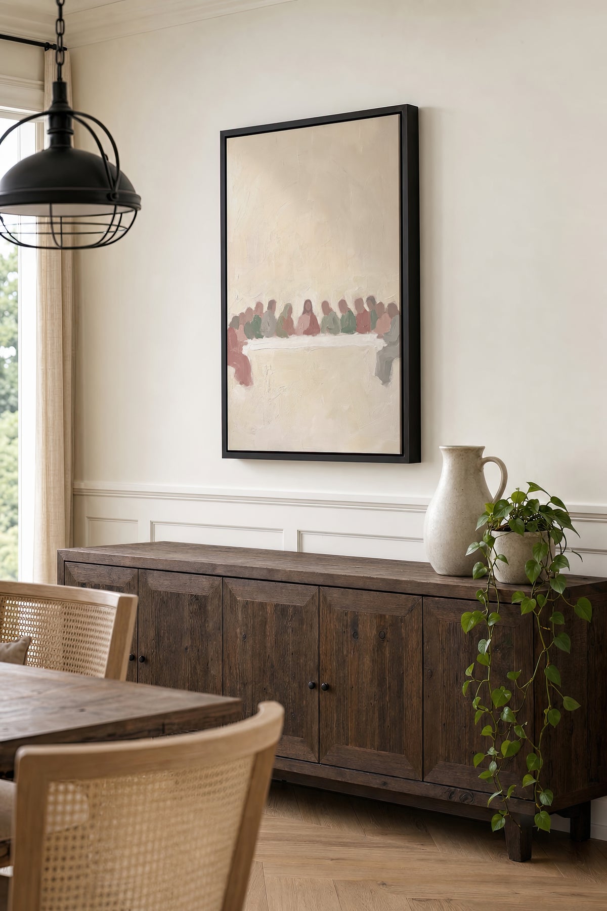 Pastel Last Supper wall art in a dining room above a walnut sideboard