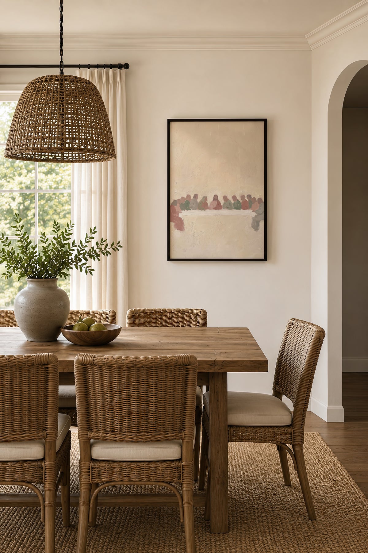 Pastel Last Supper wall art in a boho dining nook