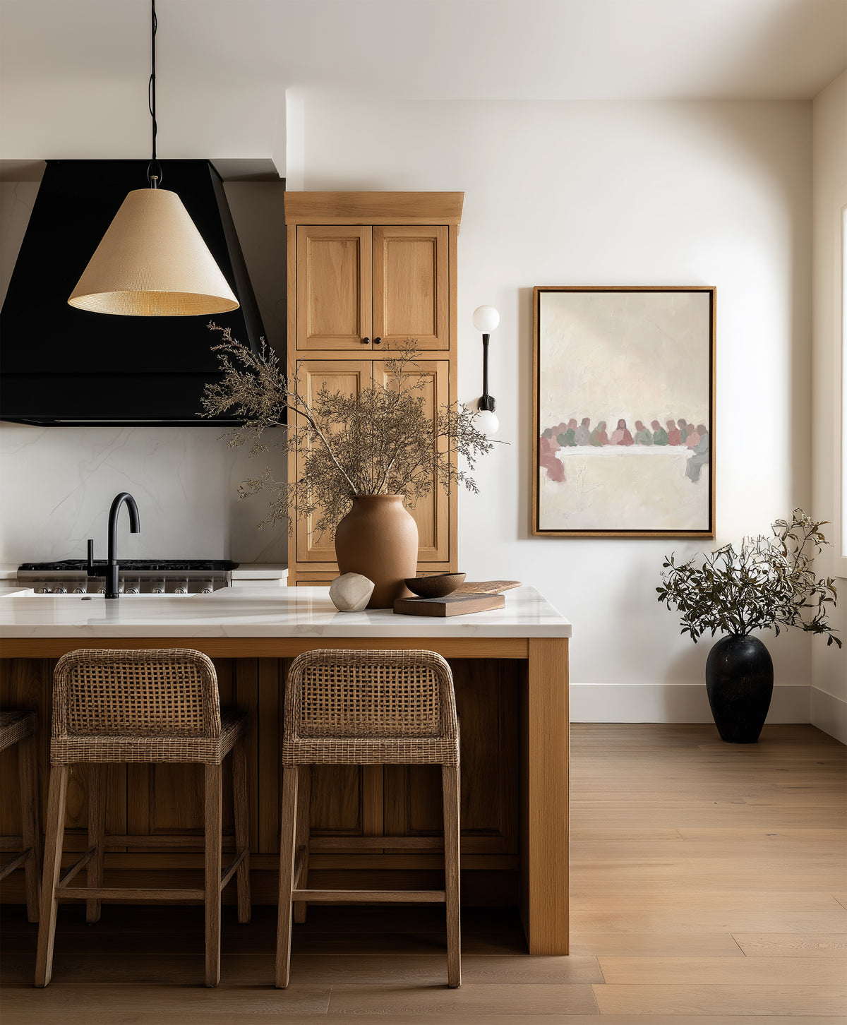 Pastel Last Supper wall art in a modern kitchen