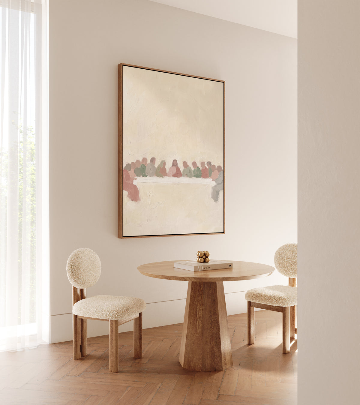Pastel Last Supper wall art in a modern kitchen breakfast nook