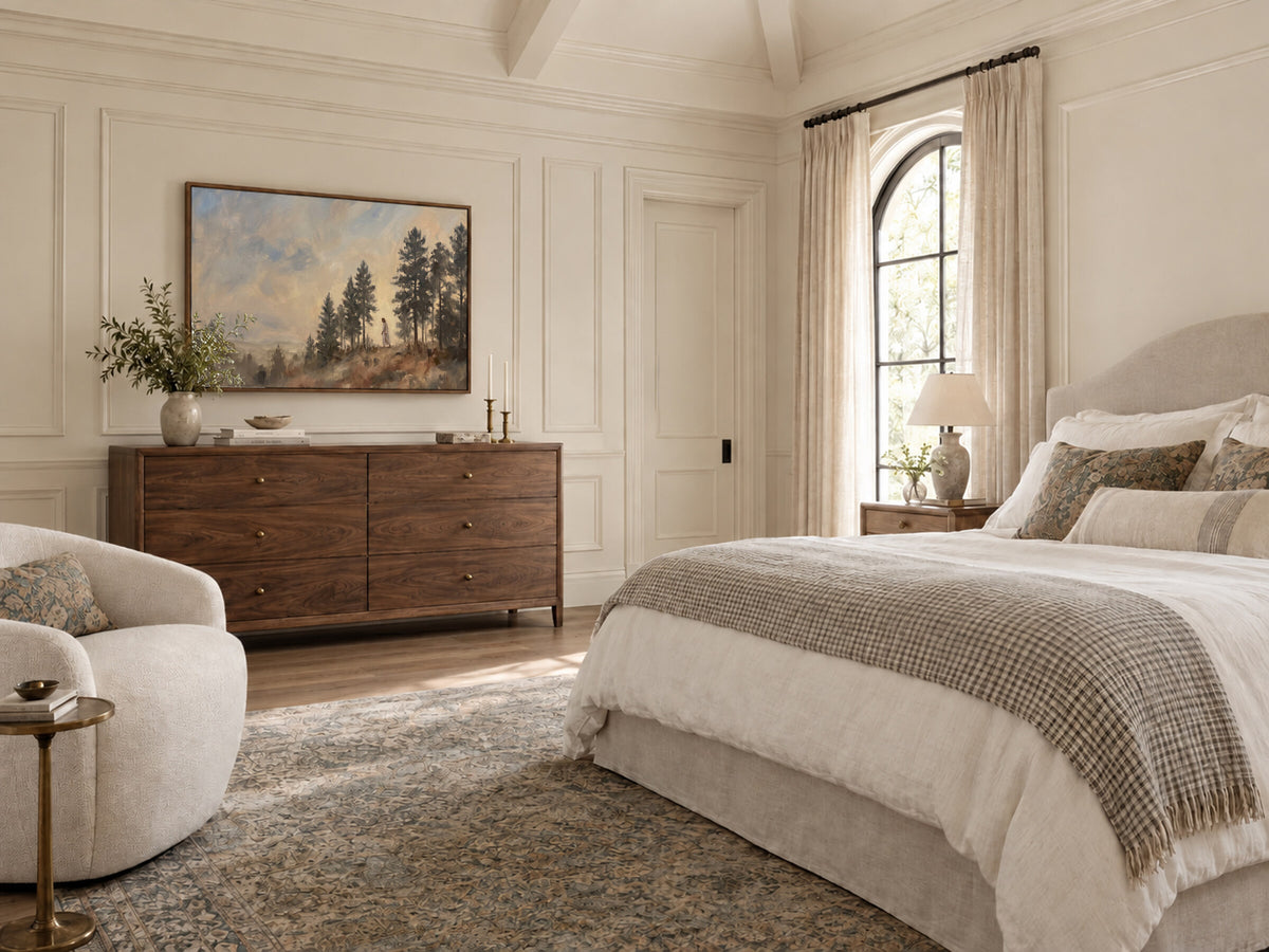 Pine Ridge Lookout framed wall art in a bedroom above a walnut dresser