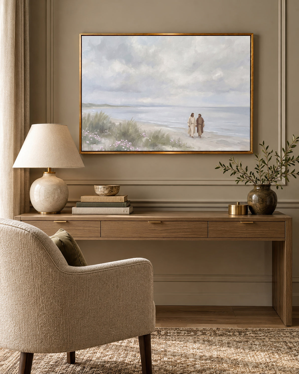 Walking the Shore Together framed wall art above a desk in a cozy study nook