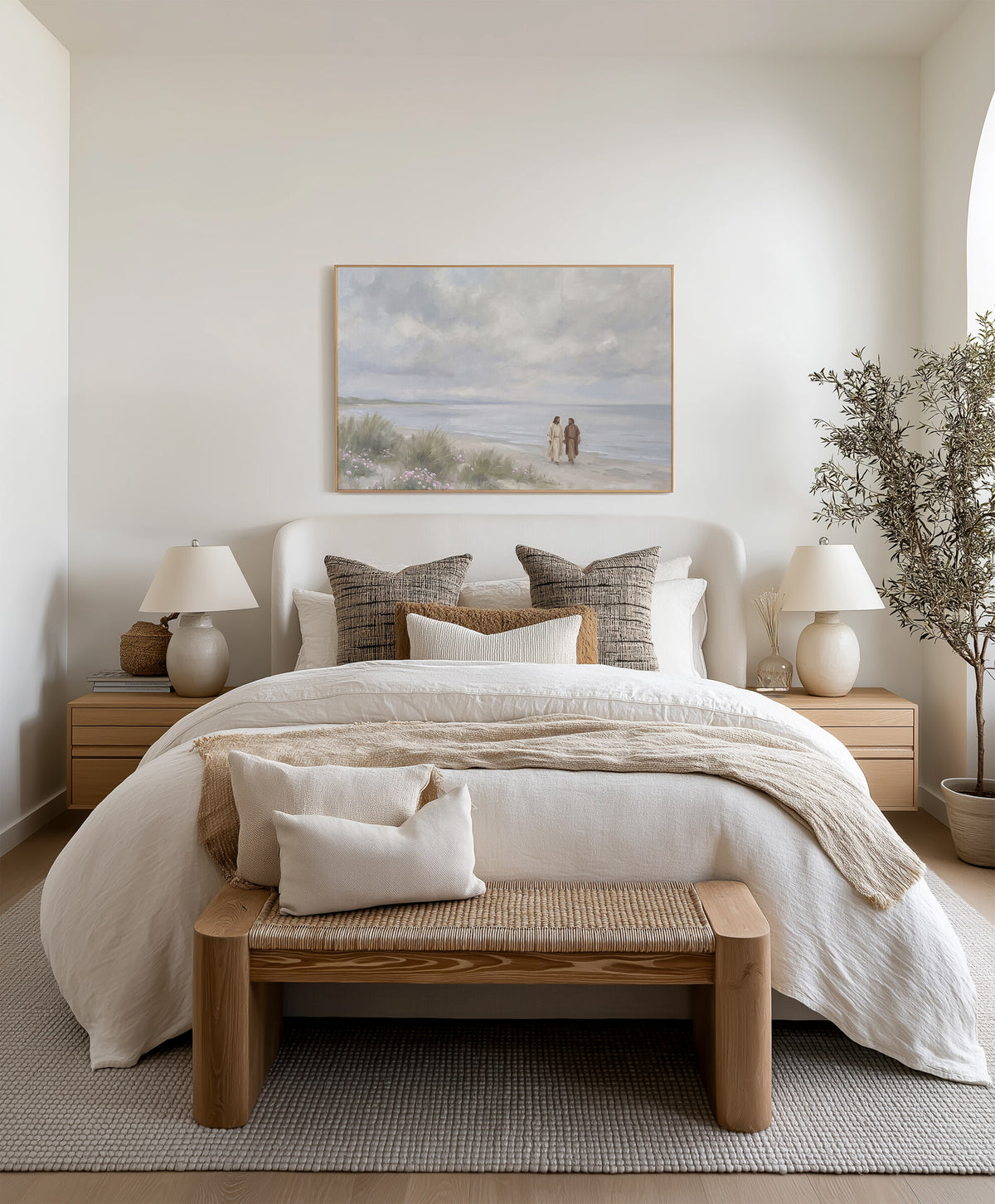 Walking the Shore Together framed wall art above the bed in a bright bedroom