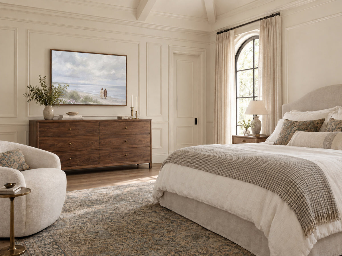Walking the Shore Together framed wall art in a bedroom above a walnut dresser