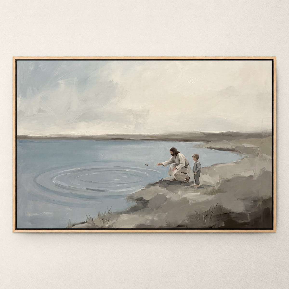 Skipping Stones with Jesus wall art in a Natural Oak floating frame