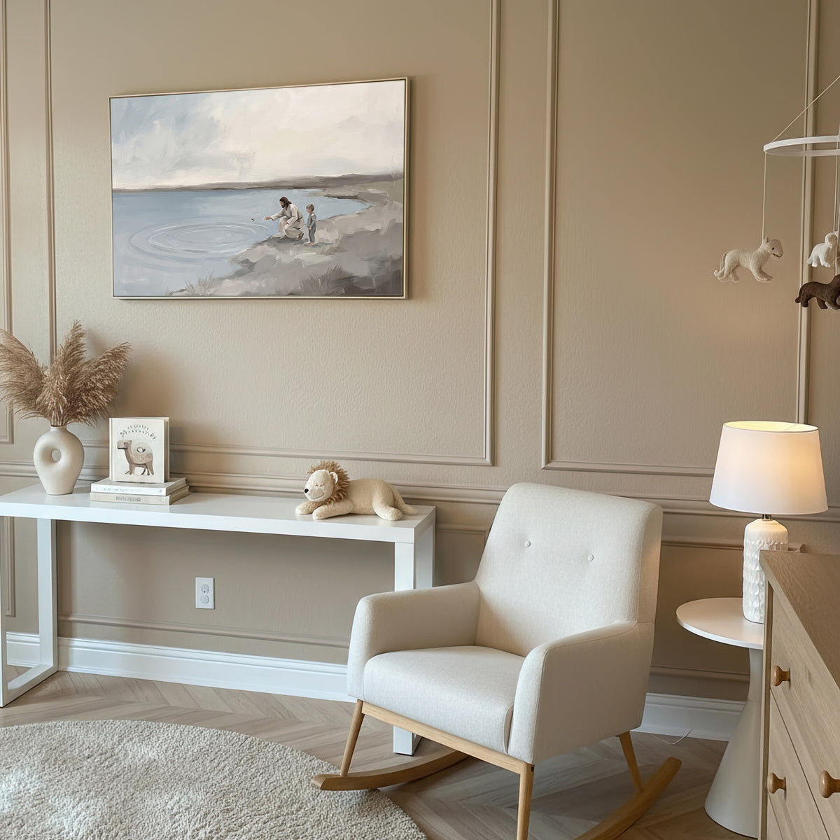 Skipping Stones with Jesus framed wall art in a nursery with a rocking chair