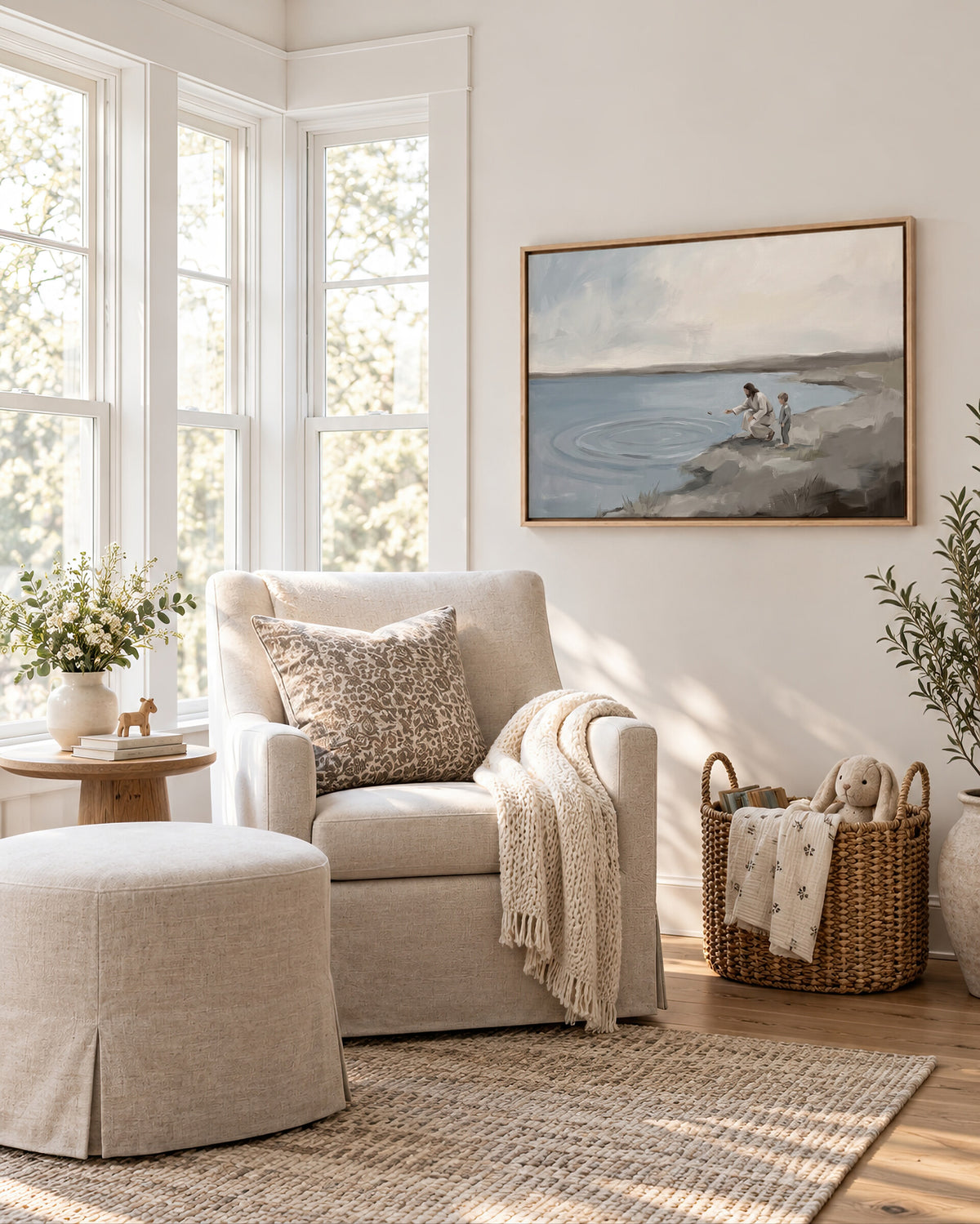 Skipping Stones with Jesus framed wall art in a serene reading nook