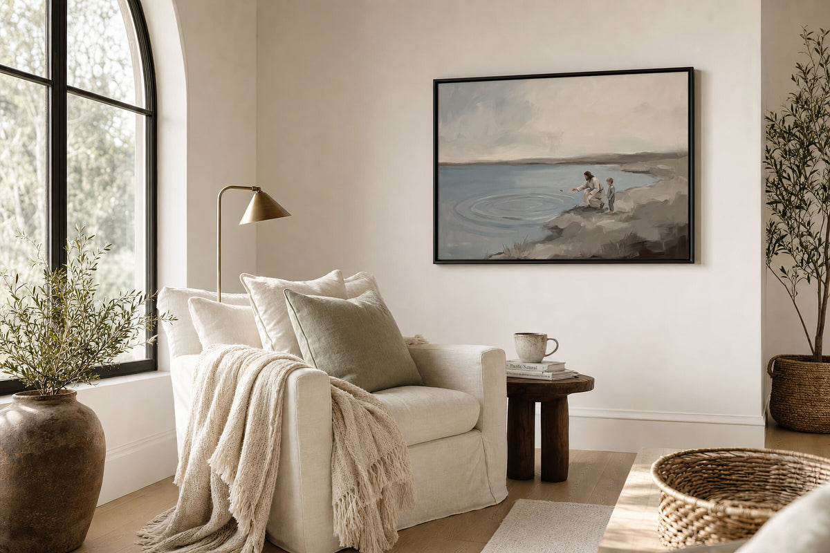 Skipping Stones with Jesus framed wall art in a sunny lounge corner