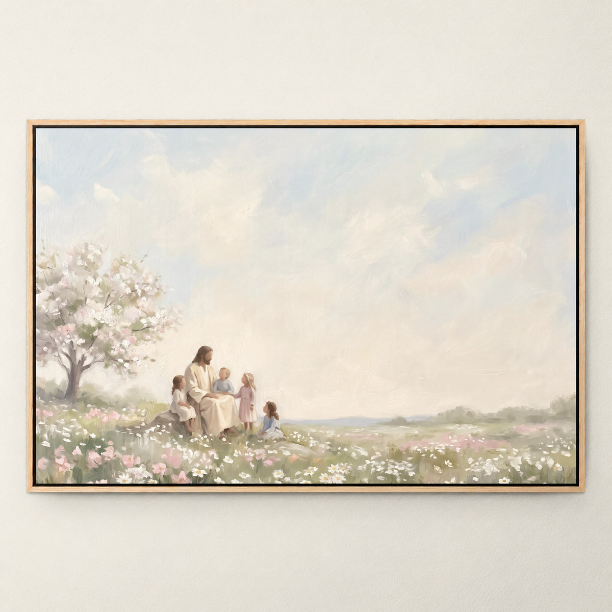 Children in the Blossom Meadow wall art in a Natural Oak floating frame