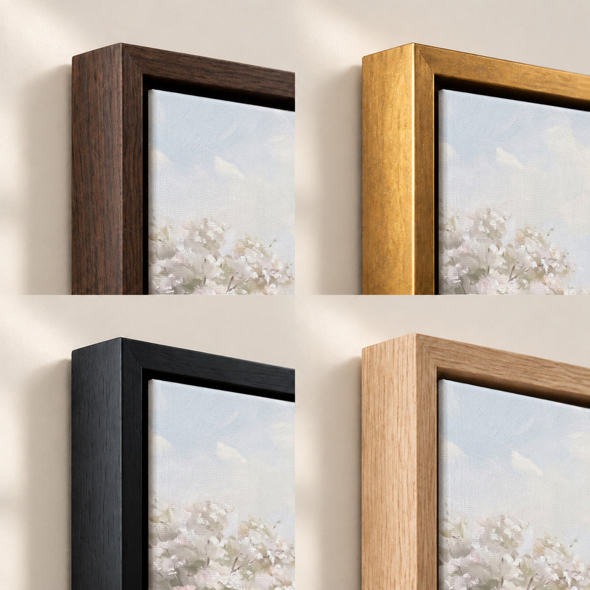 Children in the Blossom Meadow frame finish options: Brown, Gold, Black and Natural