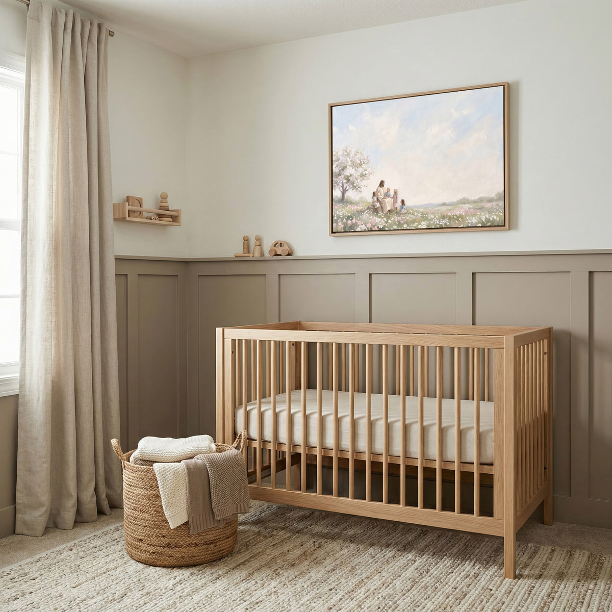 Children in the Blossom Meadow framed wall art above a crib in a taupe nursery