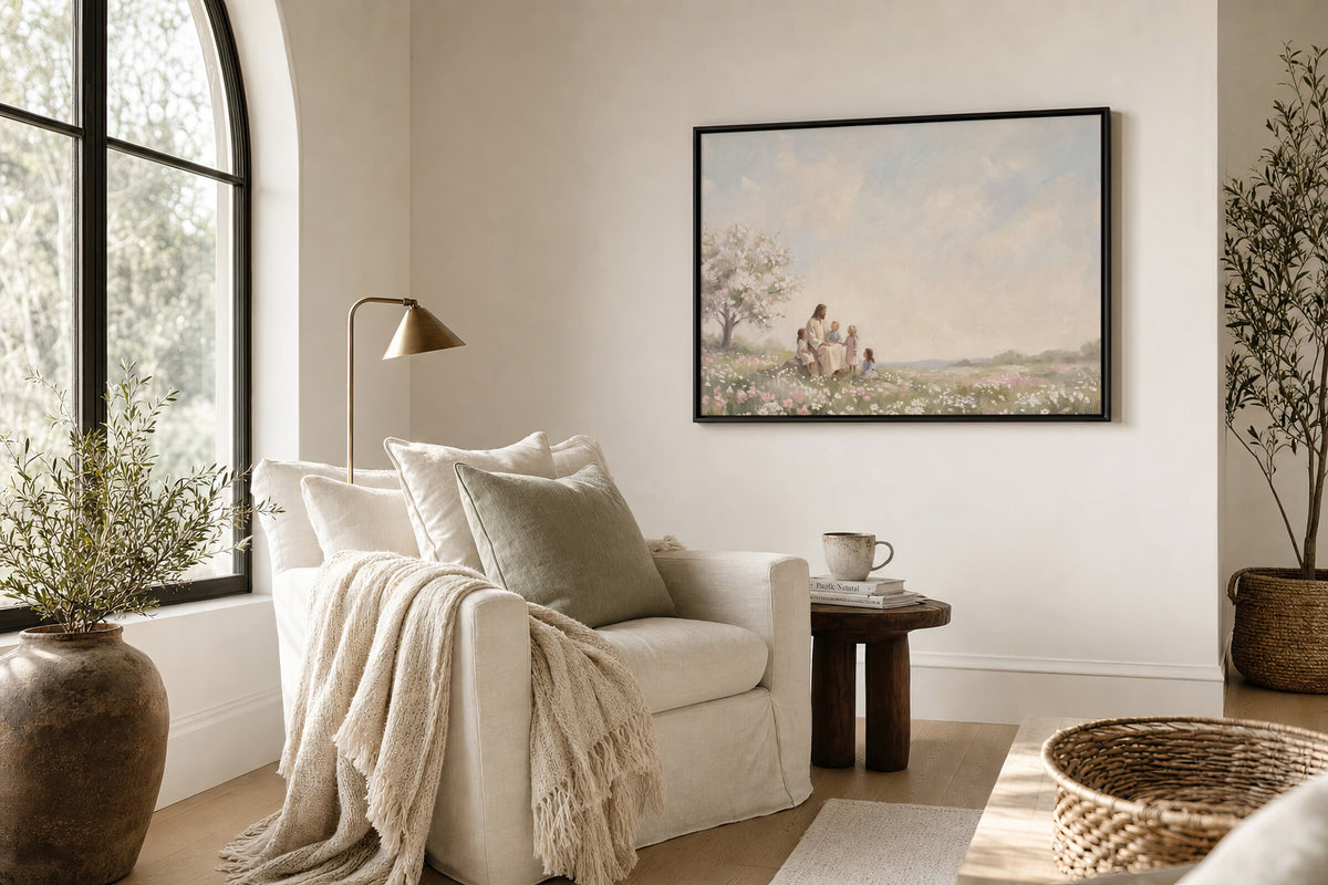Children in the Blossom Meadow framed wall art in a sunny lounge corner