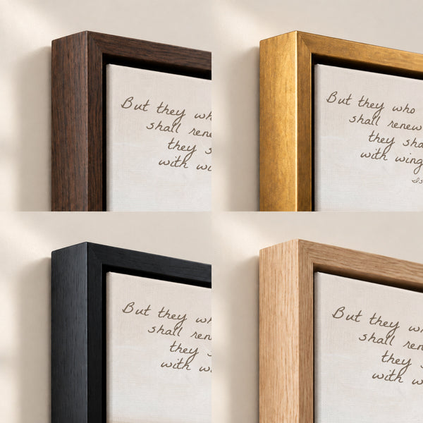 Wings Like Eagles Headland frame finish options: Brown, Gold, Black and Natural