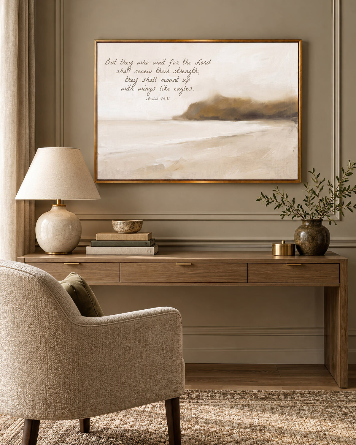 Wings Like Eagles Headland framed wall art above a desk in a cozy study nook