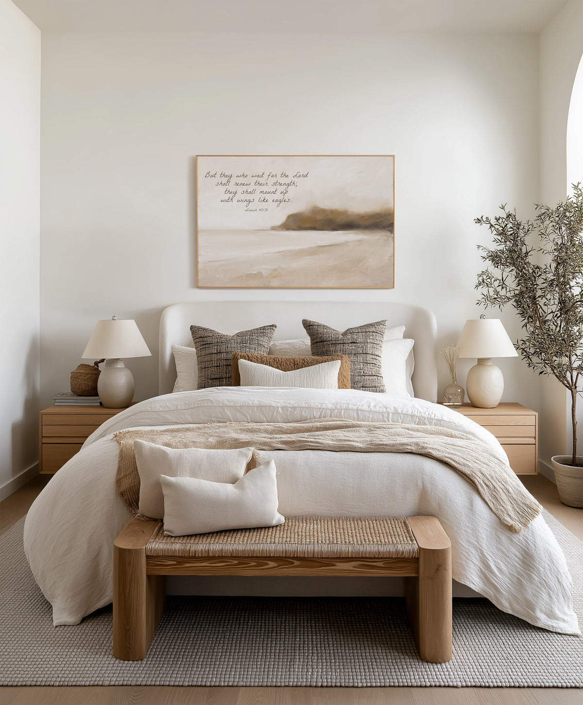 Wings Like Eagles Headland framed wall art above the bed in a bright bedroom