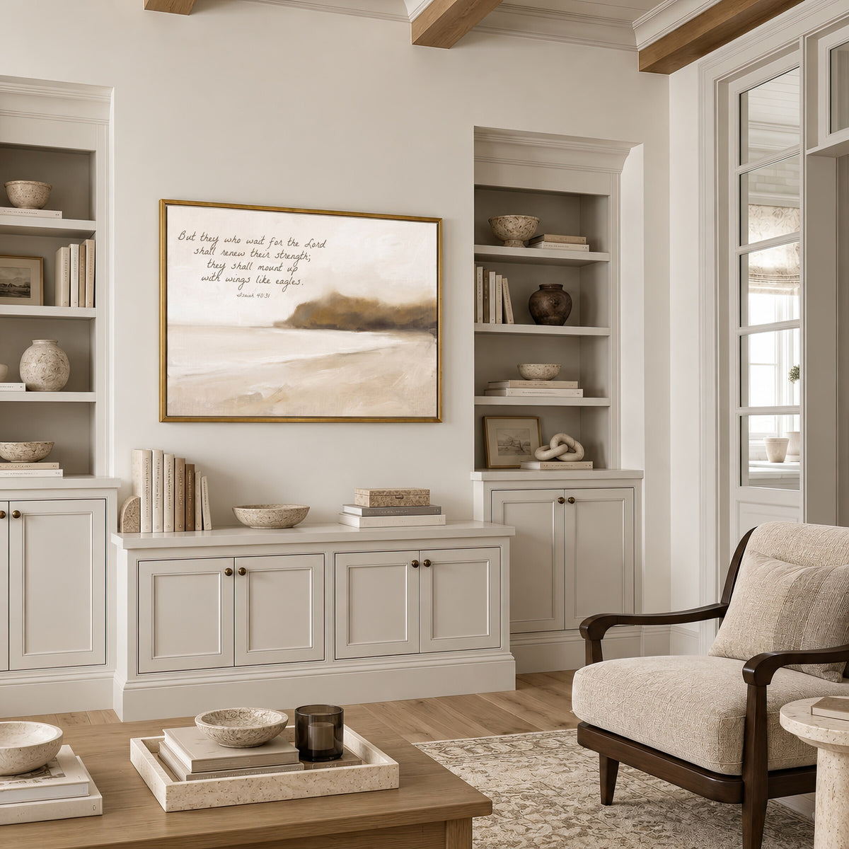 Wings Like Eagles Headland framed wall art in a neutral living room with built-ins