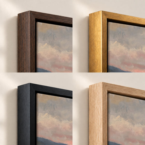 Pink Dusk Still Waters frame finish options: Brown, Gold, Black and Natural