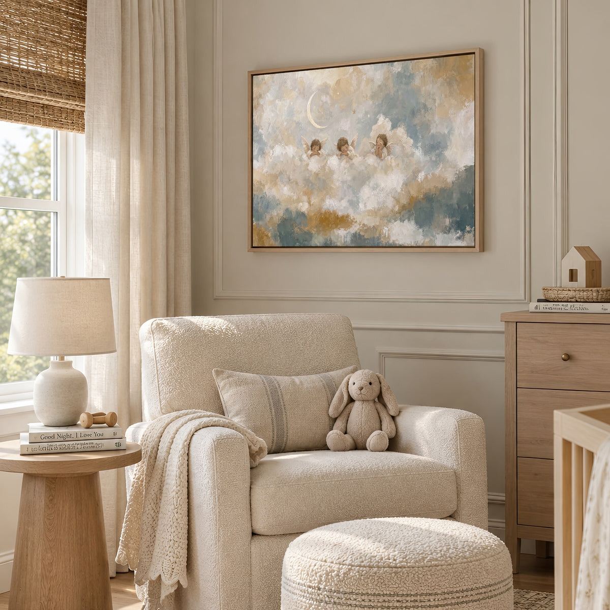 Cherubs in the Clouds framed wall art in a soft-colored nursery