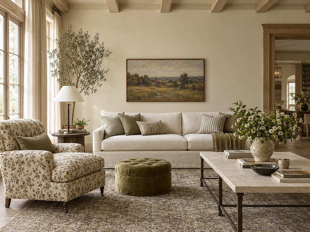 Cream living room with olive accents and framed countryside artwork above the sofa