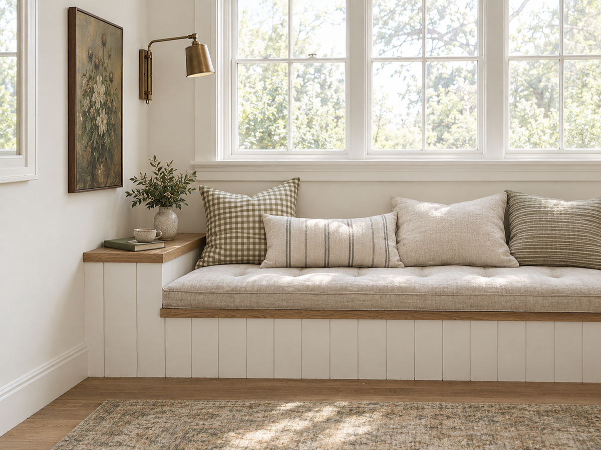 Sunlit reading nook with linen cushions and a framed floral painting