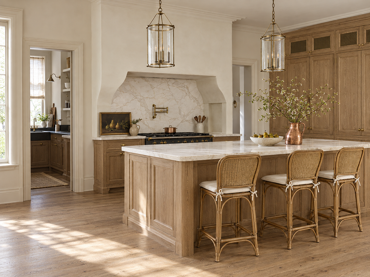 Oak and marble kitchen with a framed pear still life beside the range