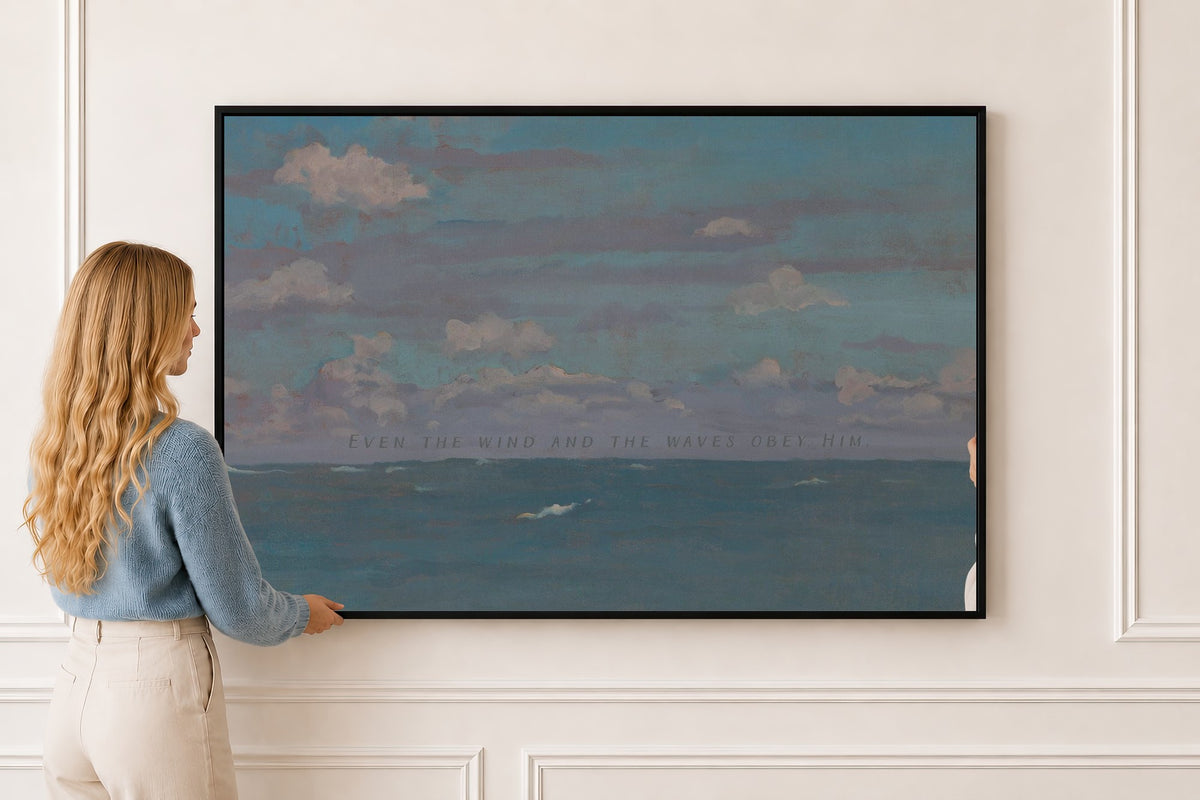 Wind and Waves Obey Him — Ocean Wall Art in a black frame