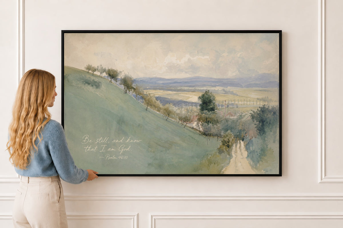 Quiet Hills — Psalm 46:10 in a black frame