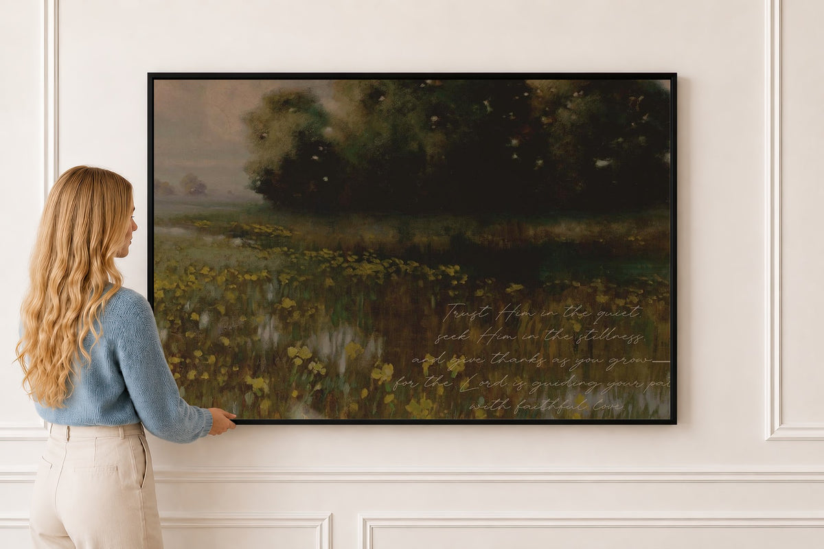 Trust Him in the Quiet — Scripture Wall Art in a black frame