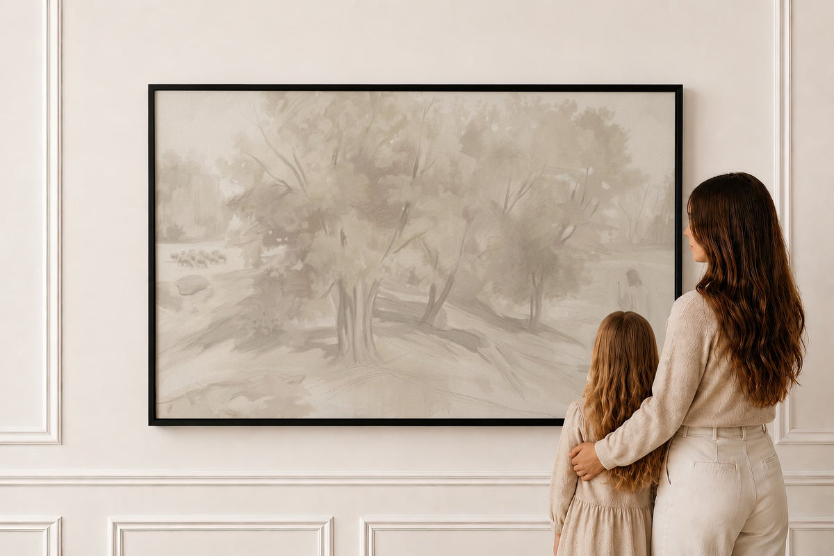 Farmhouse Faith, Corot Oak Grove — Scripture Wall Art in a black frame