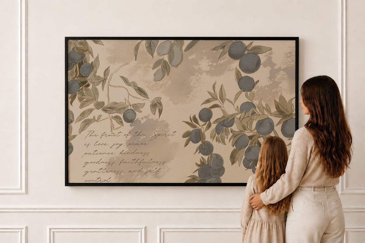 Fruit of the Spirit, Botanical — Galatians 5:22 in a black frame