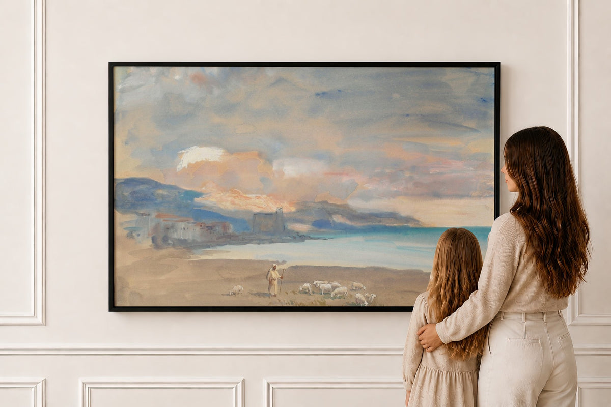 Good Shepherd, Coastal Dusk — Psalm 23 in a black frame