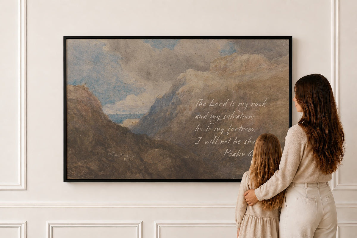 Psalm 62:6 Mountain Wall Art — Warm Neutral Vintage Landscape in a black frame