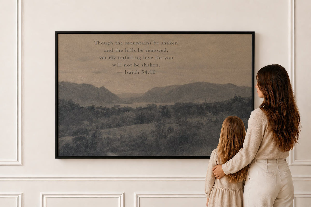Mountains Be Shaken, Blue — Isaiah 54:10 in a black frame
