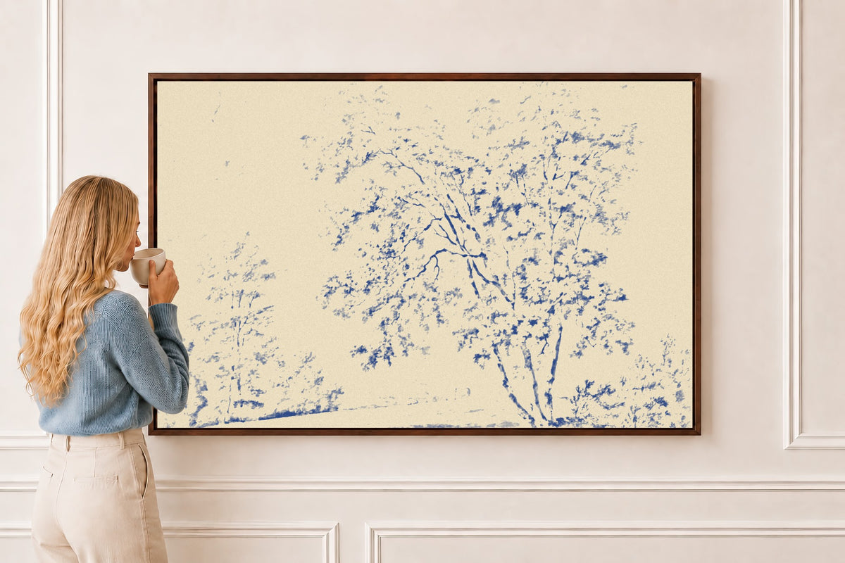 Watercolor Trees Toile — Scripture Wall Art in a brown frame
