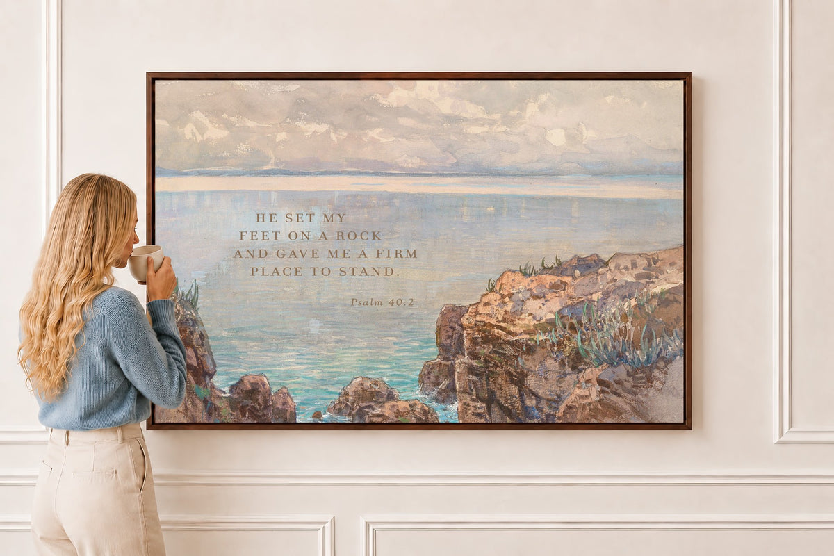 Coastal Sailboat — Psalm 40:2 in a brown frame