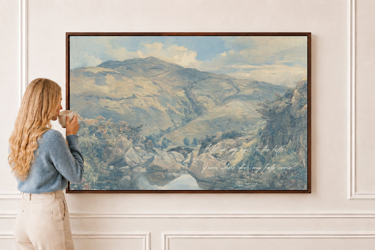 I Lift My Eyes — Psalm 121 in a brown frame