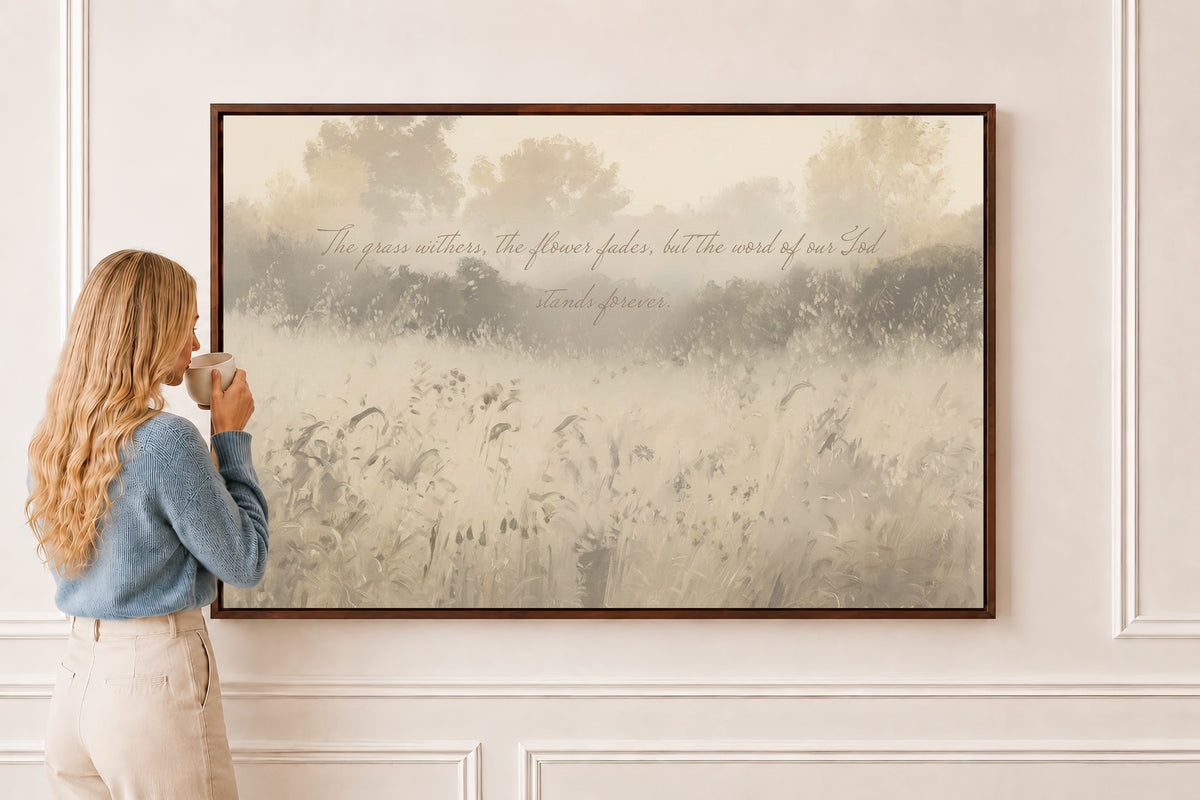 Word Stands Forever — Isaiah 40:8 in a brown frame